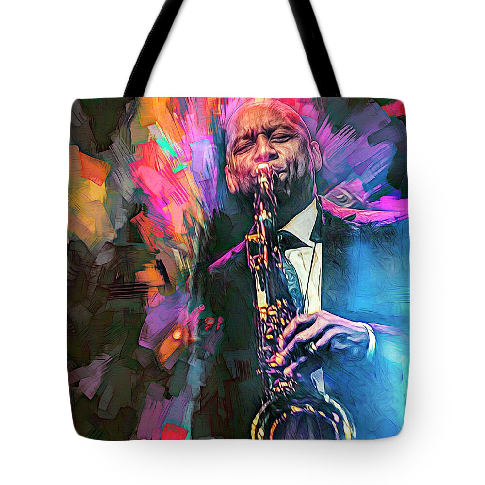 Branford Marsalis Tote Bag featuring the mixed media Branford Marsalis Musician by Mal Bray
