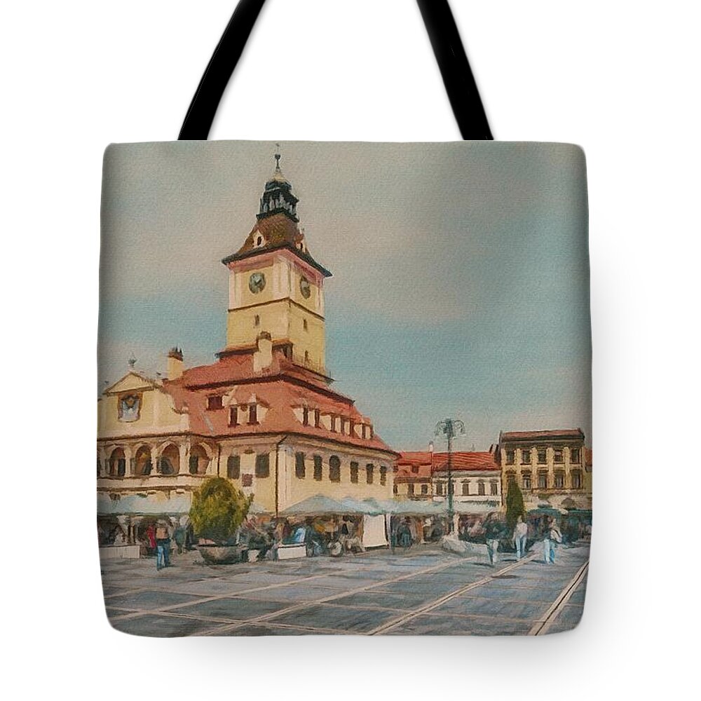 Brasov Tote Bag featuring the painting Brasov Council Square 2 by Jeffrey Kolker