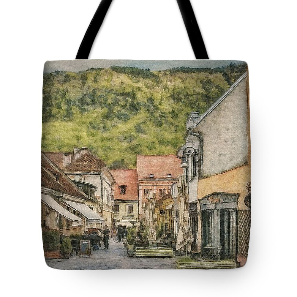 Brasov Tote Bag featuring the painting Brasov Street Scene 2 by Jeffrey Kolker