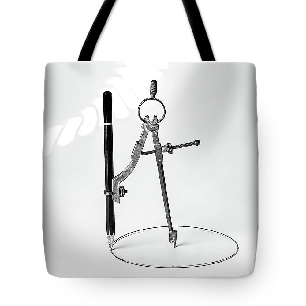 Vintage Tote Bag featuring the photograph Brass Compass and Pencil by Bob Orsillo