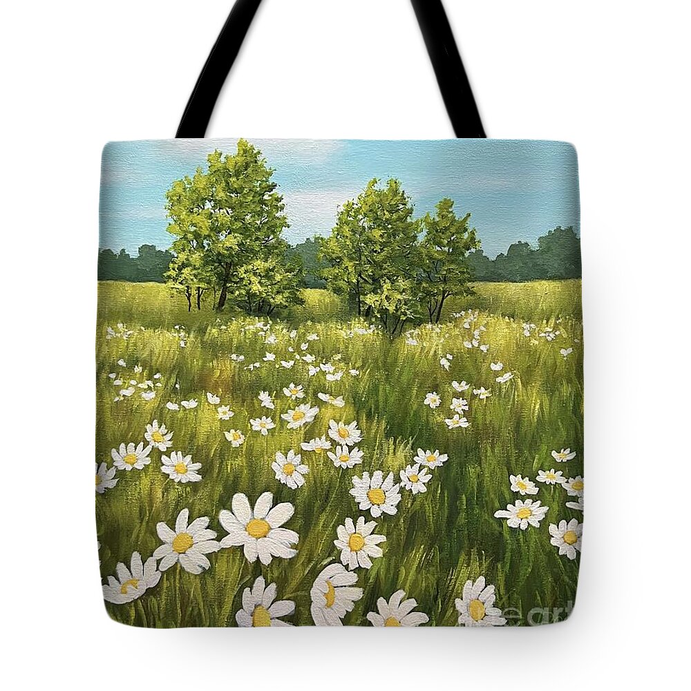 White Daisies Tote Bag featuring the painting Breezy daisy fields by Inese Poga