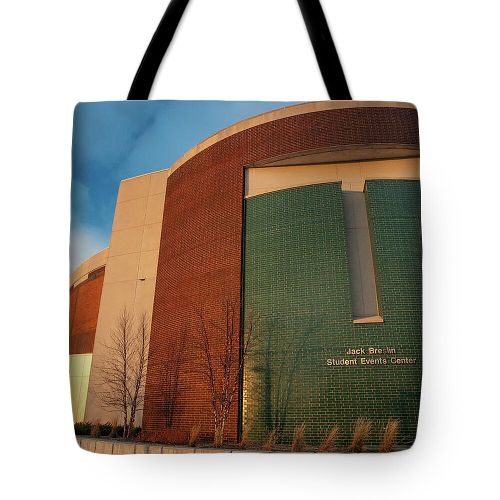 Michigan State University Basketball Tote Bag featuring the photograph Breslin Center at sunset by Eldon McGraw