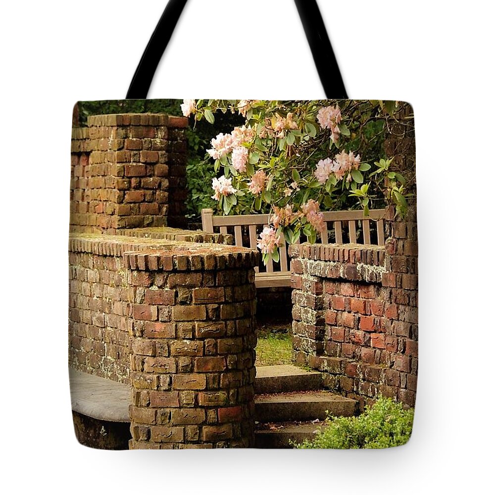 Brick Wall Bench Stairs Flowers Tote Bag featuring the photograph Brick Walls1 by John Linnemeyer