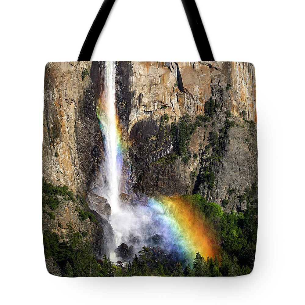 Yosemite Tote Bag featuring the photograph Bridalveil Falls Rainbow by Gary Johnson