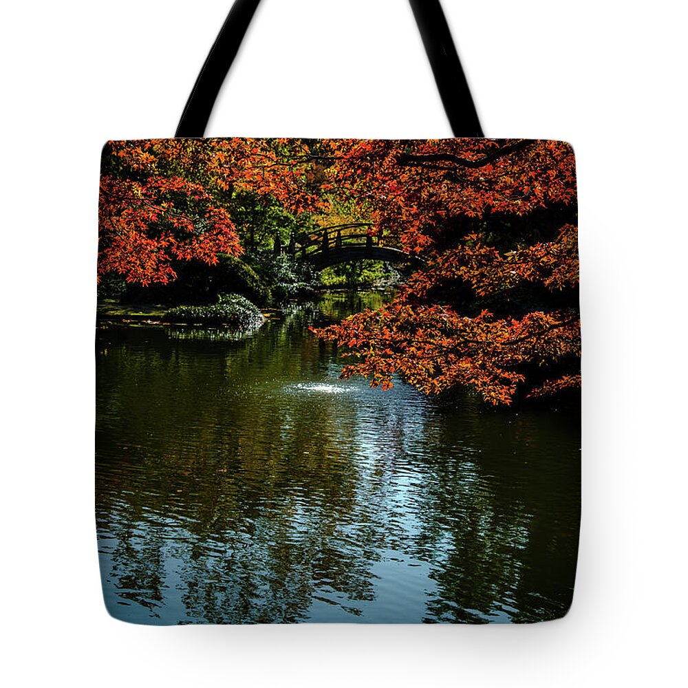 Golden Maple Leaf Tote Bag featuring the photograph Bridge To Pagoda Pond by Johnny Boyd
