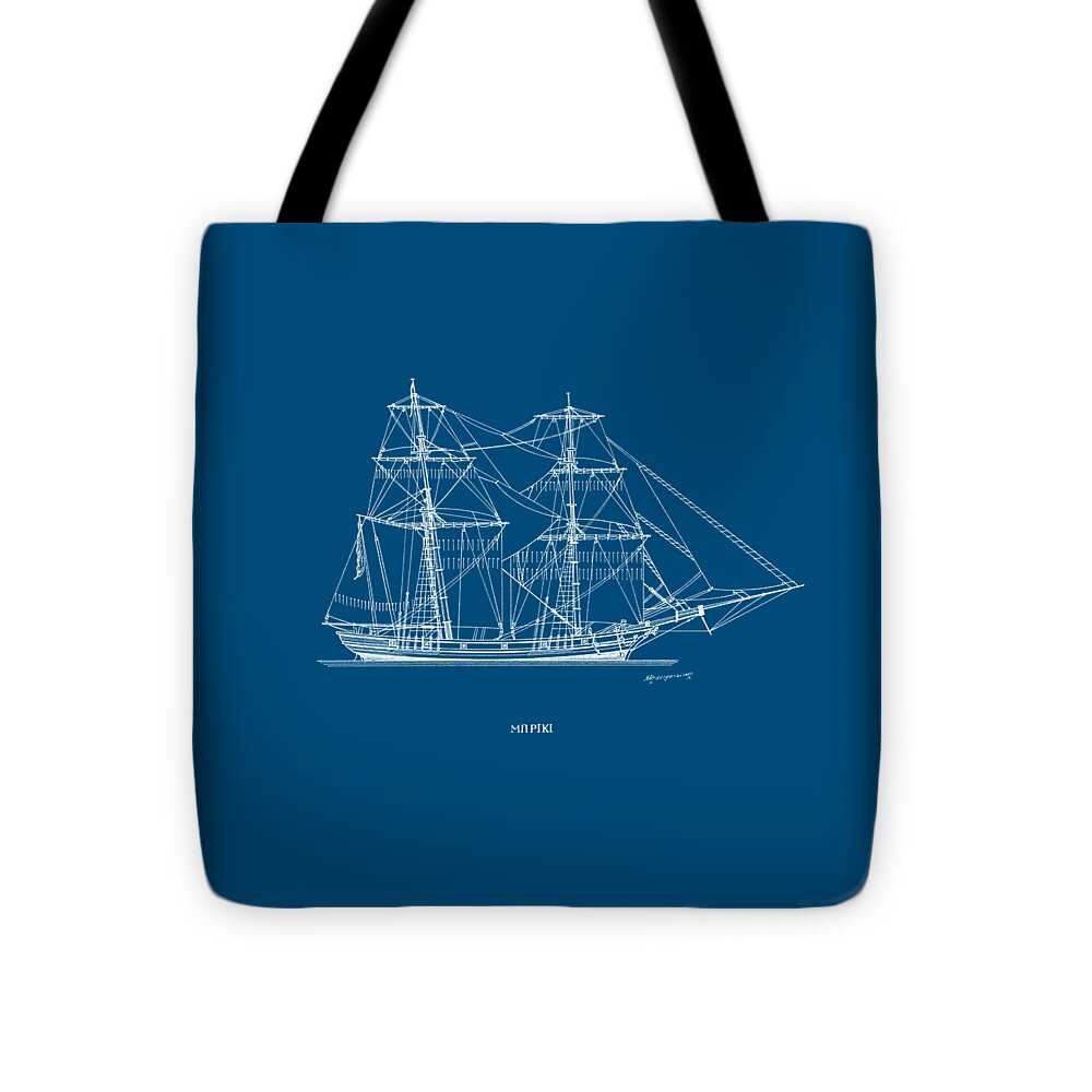 Sailing Vessels Tote Bag featuring the drawing Brig - traditional Greek sailing ship - blueprint by Panagiotis Mastrantonis
