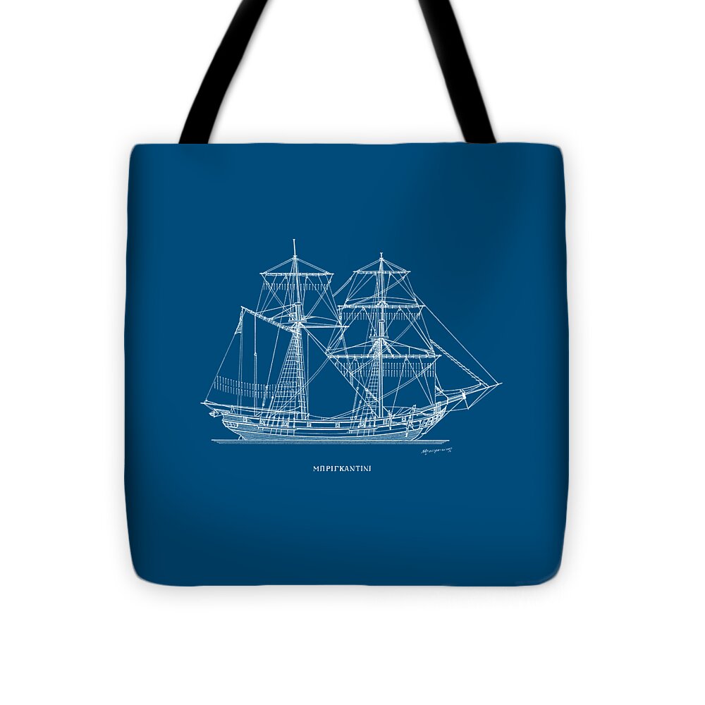 Sailing Vessels Tote Bag featuring the drawing Brigantine - traditional Mediterranean sailing ship by Panagiotis Mastrantonis