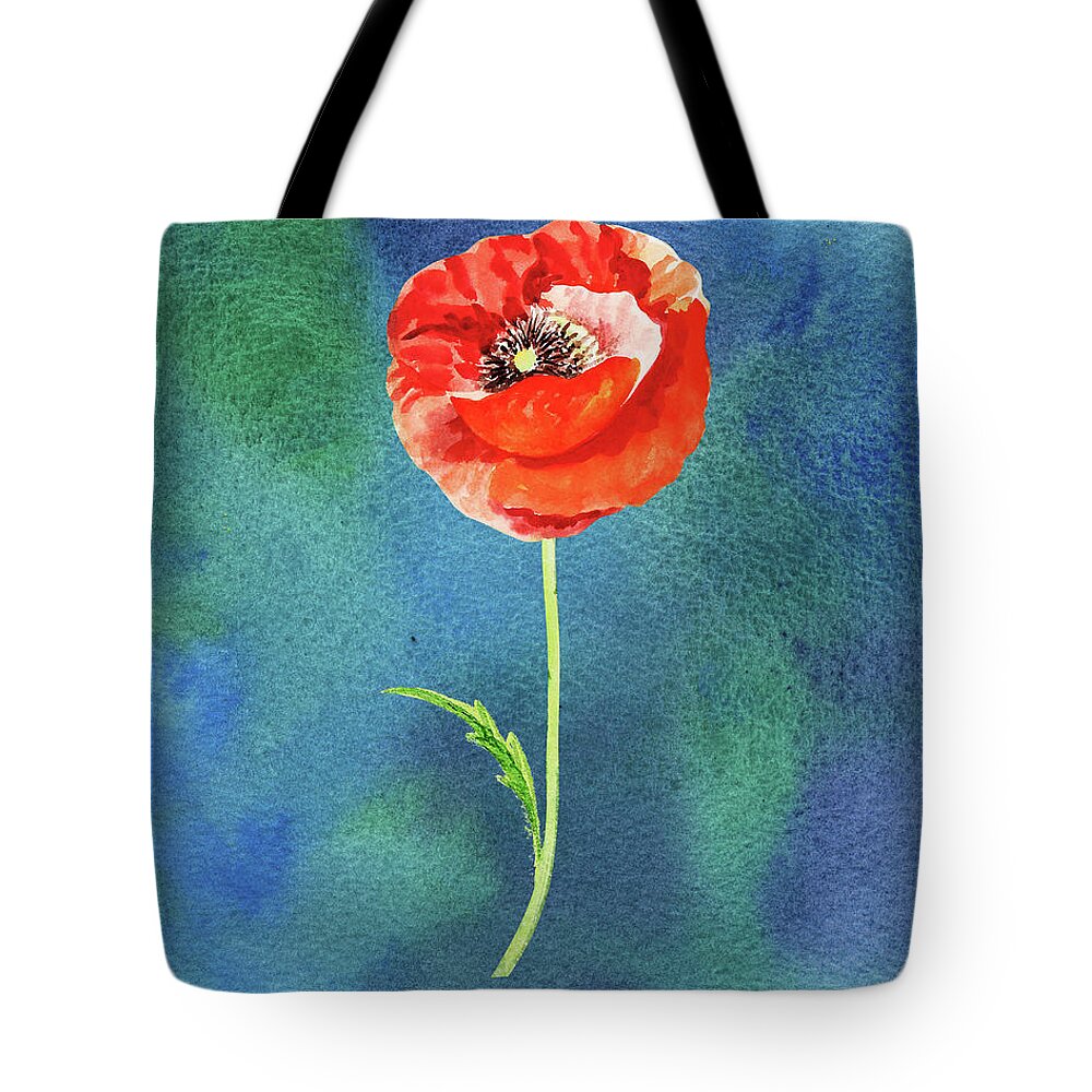 Poppy Tote Bag featuring the painting Bright Beautiful Red Poppy Flower Happy Wildflower On Blue Watercolor IV by Irina Sztukowski