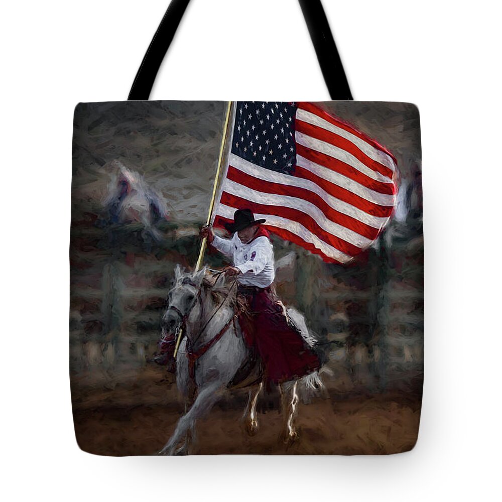 Rodeo Tote Bag featuring the digital art Bring In Old Glory by Bruce Bonnett