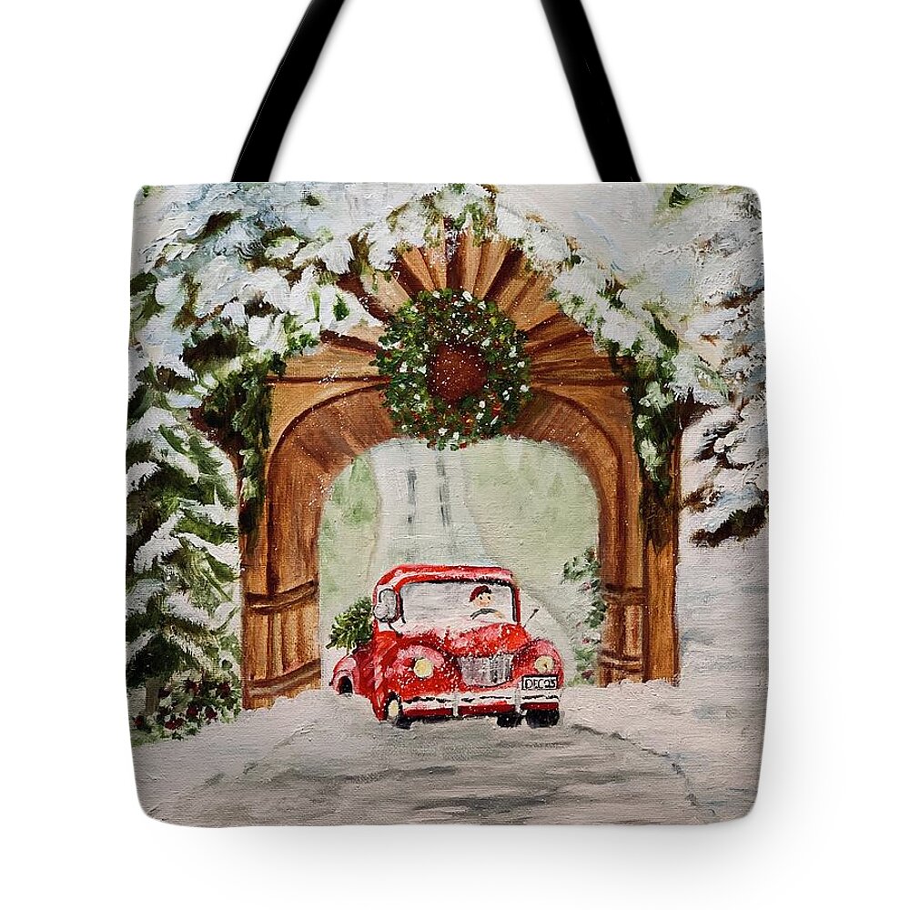 Red Truck Tote Bag featuring the painting Bringing Home the Tree by Juliette Becker
