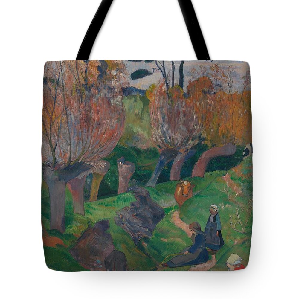 Vintage Tote Bag featuring the painting Brittany Landscape with Women and Cows, 1889 by Paul Gauguin 1848 1903 by MotionAge Designs