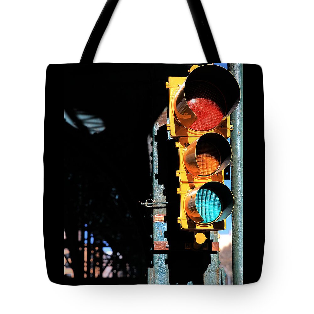 Traffic Signal Tote Bag featuring the photograph Broadway Traffic Signal under Manhattan Valley 1 Train Viaduct by Steve Ember