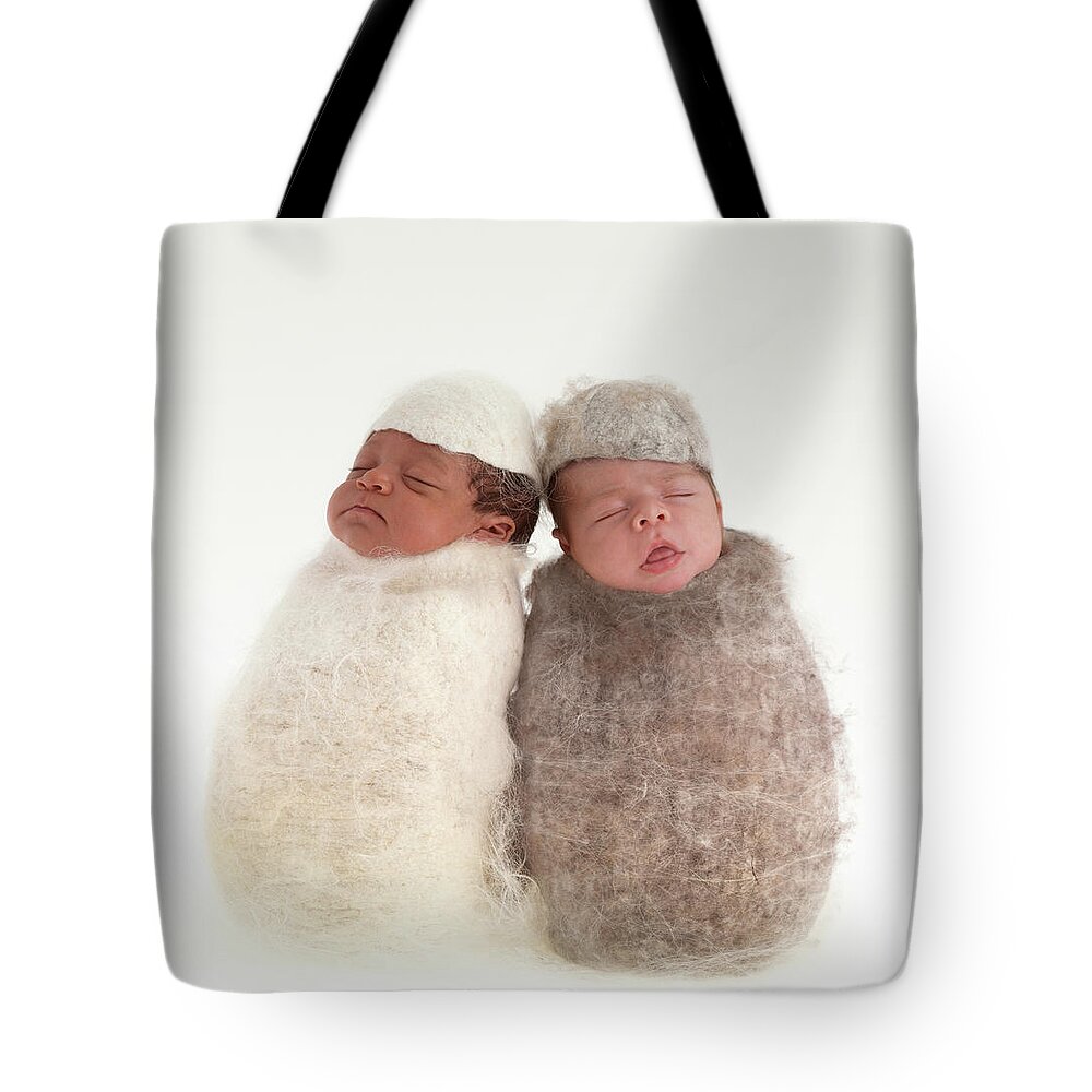 Cocoon Tote Bag featuring the photograph Brodie and Miles as Cocoons by Anne Geddes