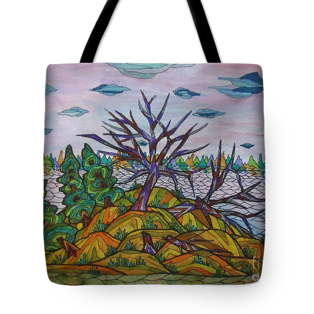 Island Trees Landscape Abstract Yellow Pillow Cushion Mask Ontario Canada Group Of 7 Decor Decrotive Office Tote Bag featuring the mixed media Broken Tree Island by Bradley Boug