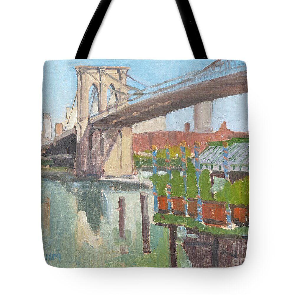 Brooklyn Bridge Tote Bag featuring the painting Brooklyn Bridge at River Cafe - NYC, New York by Paul Strahm