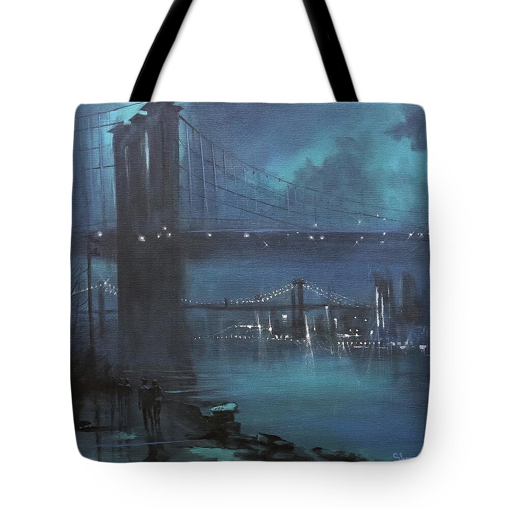 Brooklyn Bridge Tote Bag featuring the painting Brooklyn Bridge In Fog by Tom Shropshire