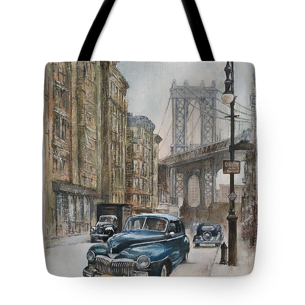 Blue Car Tote Bag featuring the painting Brooklyn bridge by Tomas Castano