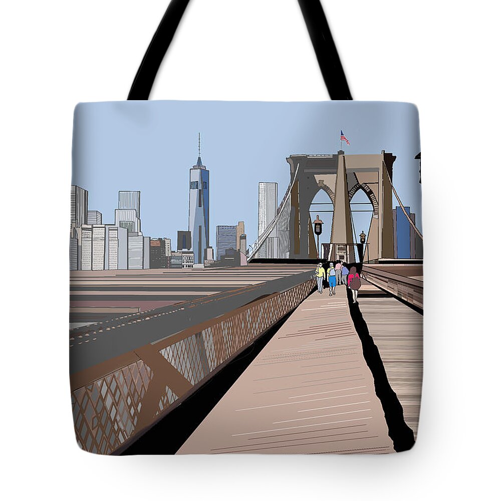 Brooklyn Tote Bag featuring the digital art Brooklyn Bridge Walk by John Mckenzie
