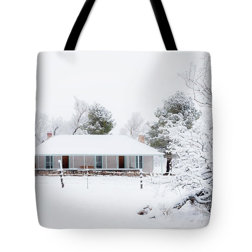 Arizona Tote Bag featuring the photograph Brown Canyon Ranch House In Snow by Al Andersen