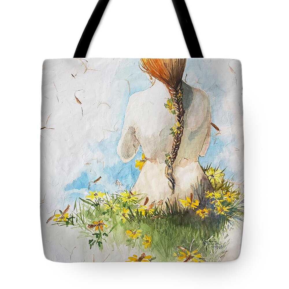Red Head Tote Bag featuring the painting Brown Eyed Susans by Merana Cadorette