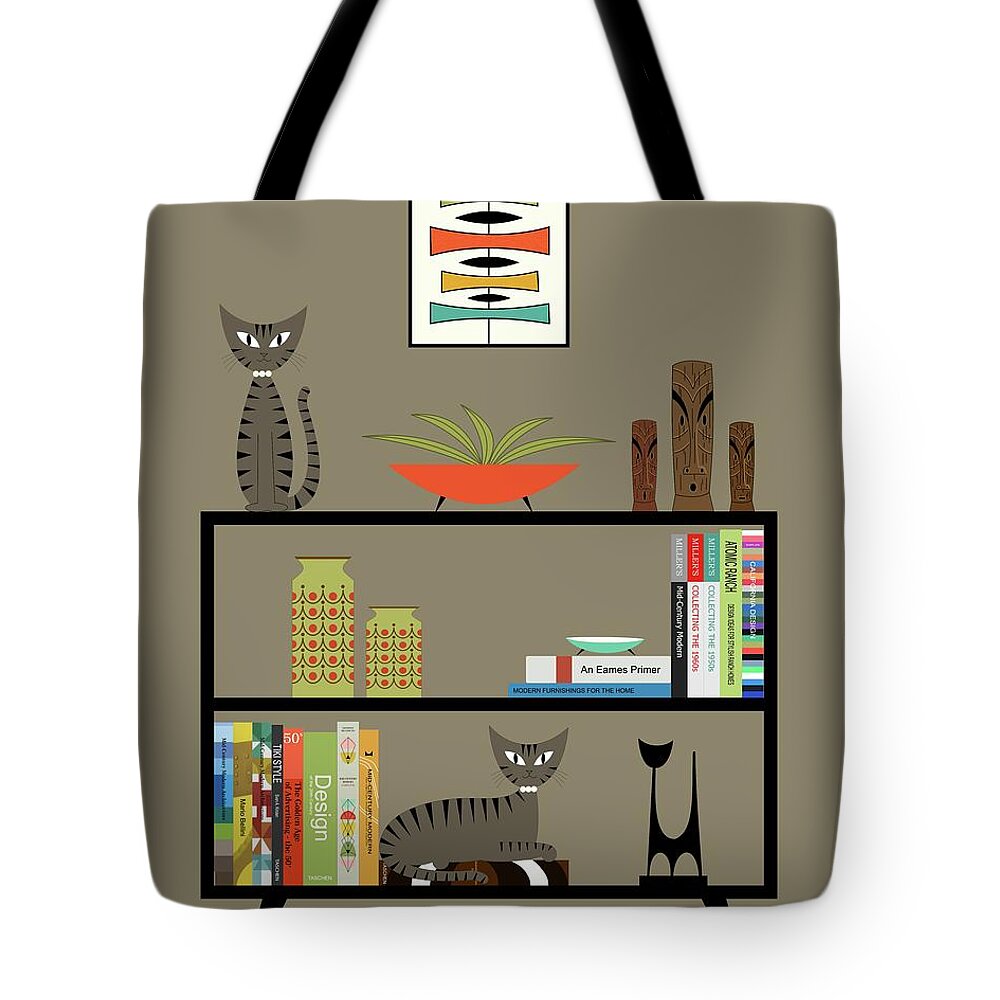 Mid Century Modern Brown Gray Tabby Cats Tote Bag featuring the digital art Brown Gray Tabby Cats on Bookcase by Donna Mibus