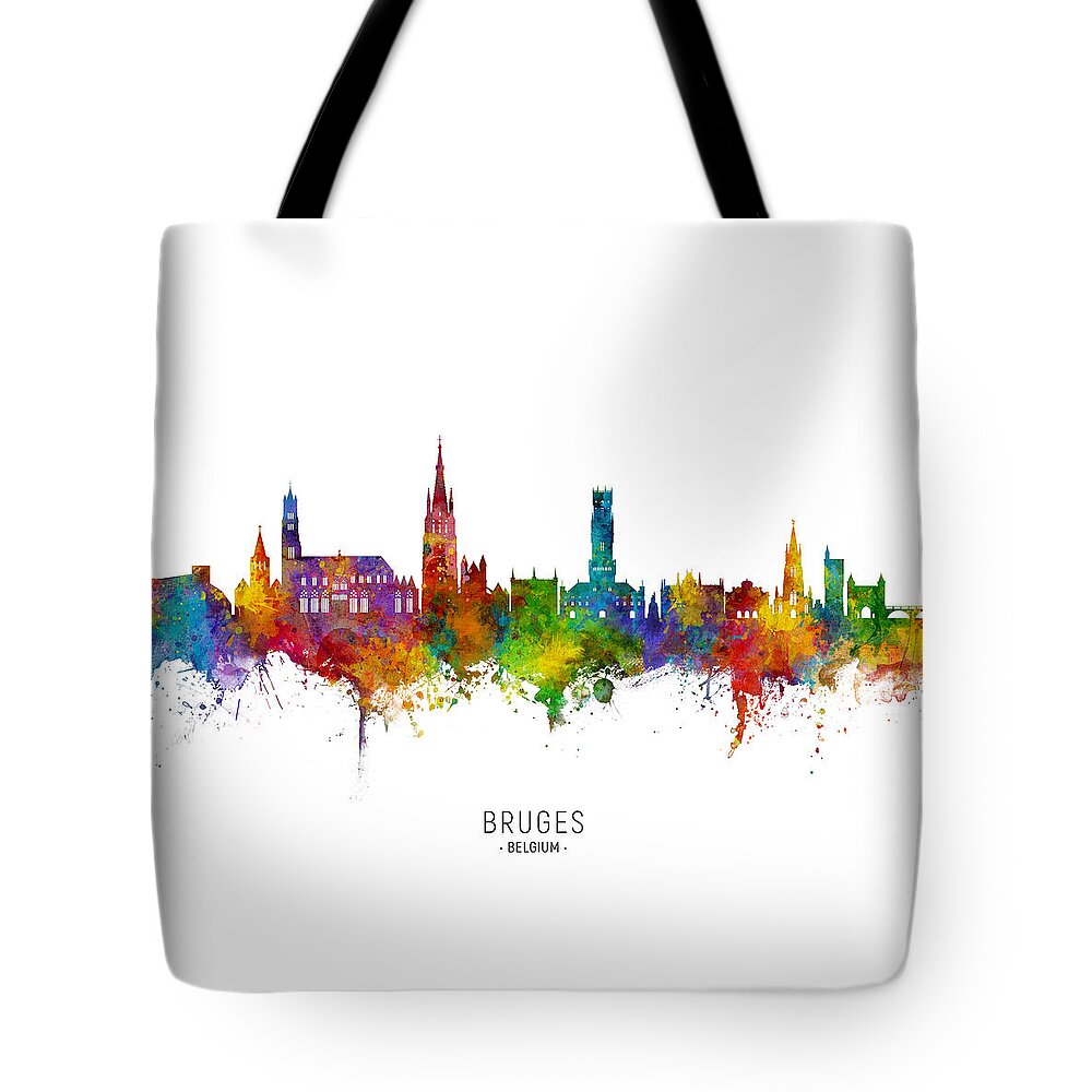 Bruges Tote Bag featuring the digital art Bruges Belgium Skyline by Michael Tompsett
