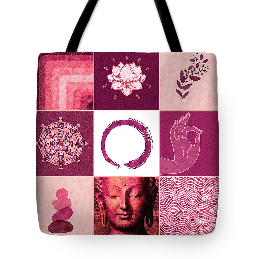 Buddha Tote Bag featuring the mixed media Buddha Grid 02 - Spiritual Collage by Studio Grafiikka