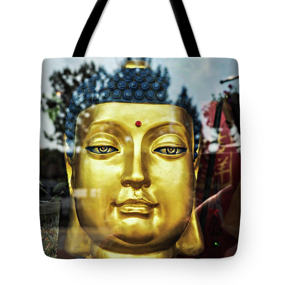 Druified Tote Bag featuring the photograph Buddha in the window by Rebecca Dru