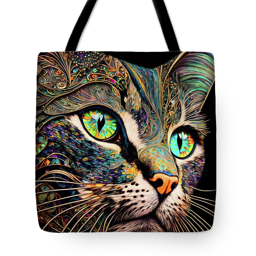 Psychedelic Cats Tote Bag featuring the digital art Buddy the Colorful Tabby Cat by Peggy Collins