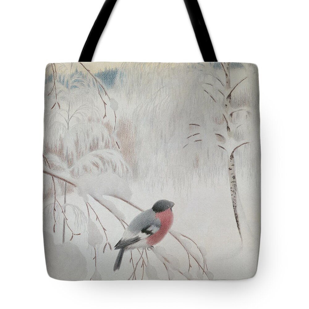 Theodor Kittelsen Tote Bag featuring the drawing Bullfinch, 1906 by O Vaering by Theodor Kittelsen