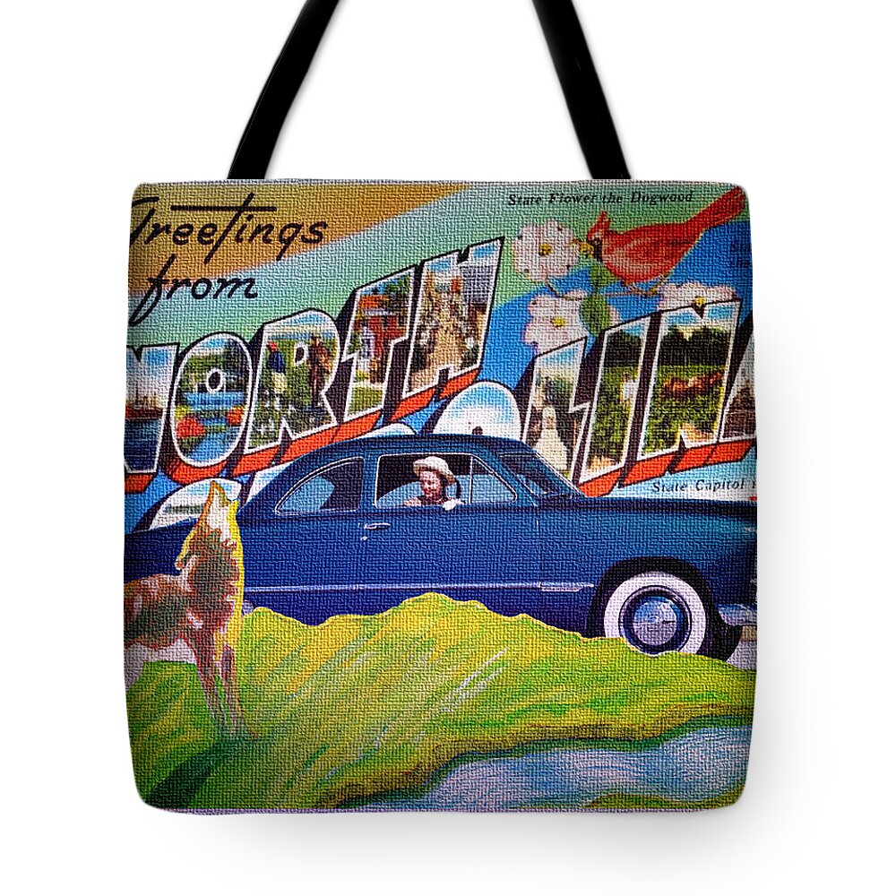Dixie Road Trips Tote Bag featuring the digital art Dixie Road Trips / North Carolina by David Squibb