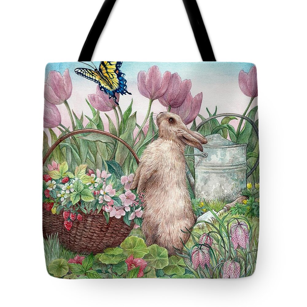 Illustrated Bunny Tote Bag featuring the painting Bunny in Spring Garden by Judith Cheng