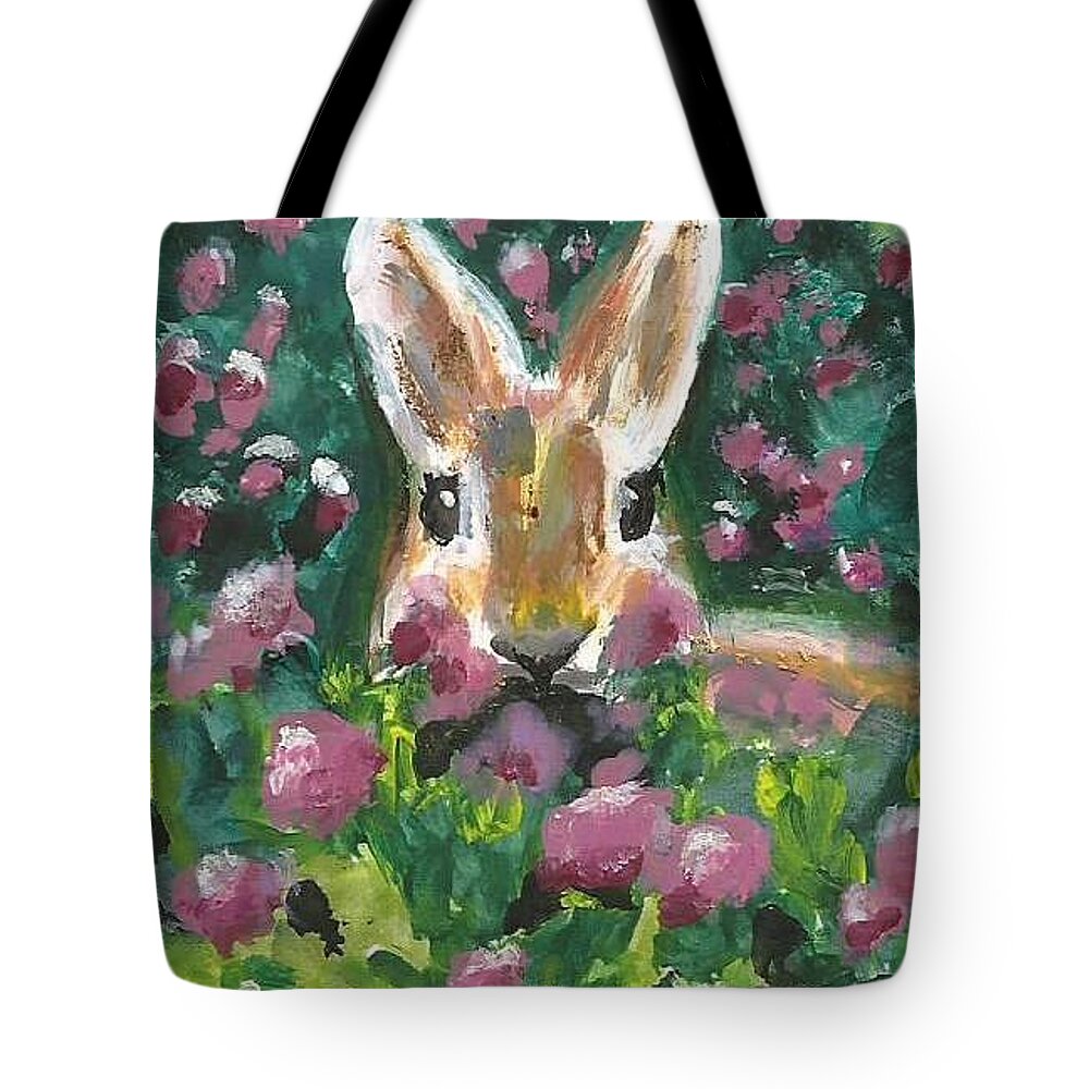 Blog owner Monica's bunny painting on a tote bag. Your purchase will help support my dream of becoming a full-time writer and artist and be greatly appreciated