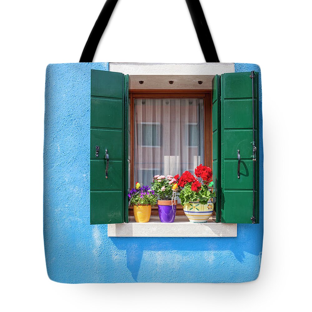 Burano Italy Tote Bag featuring the photograph Burano flower pots, Italy by Neale And Judith Clark