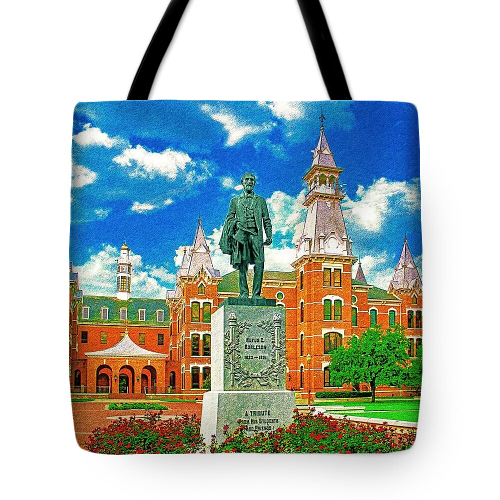 Burleson Quadrangle Tote Bag featuring the digital art Burleson Quadrangle of the Baylor University in Waco, Texas - pencil sketch by Nicko Prints