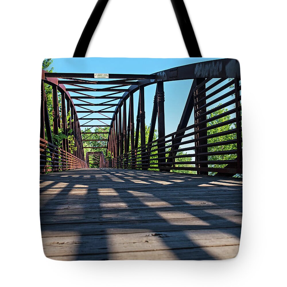 Burlington Tote Bag featuring the photograph Burlington Vermont Island Line Trail Bike Path Bridge Shadows by Toby McGuire