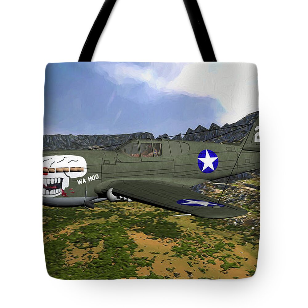 Curtis P-40e Warhawk Tote Bag featuring the digital art Burma Banshees Warhawk - Oil by Tommy Anderson