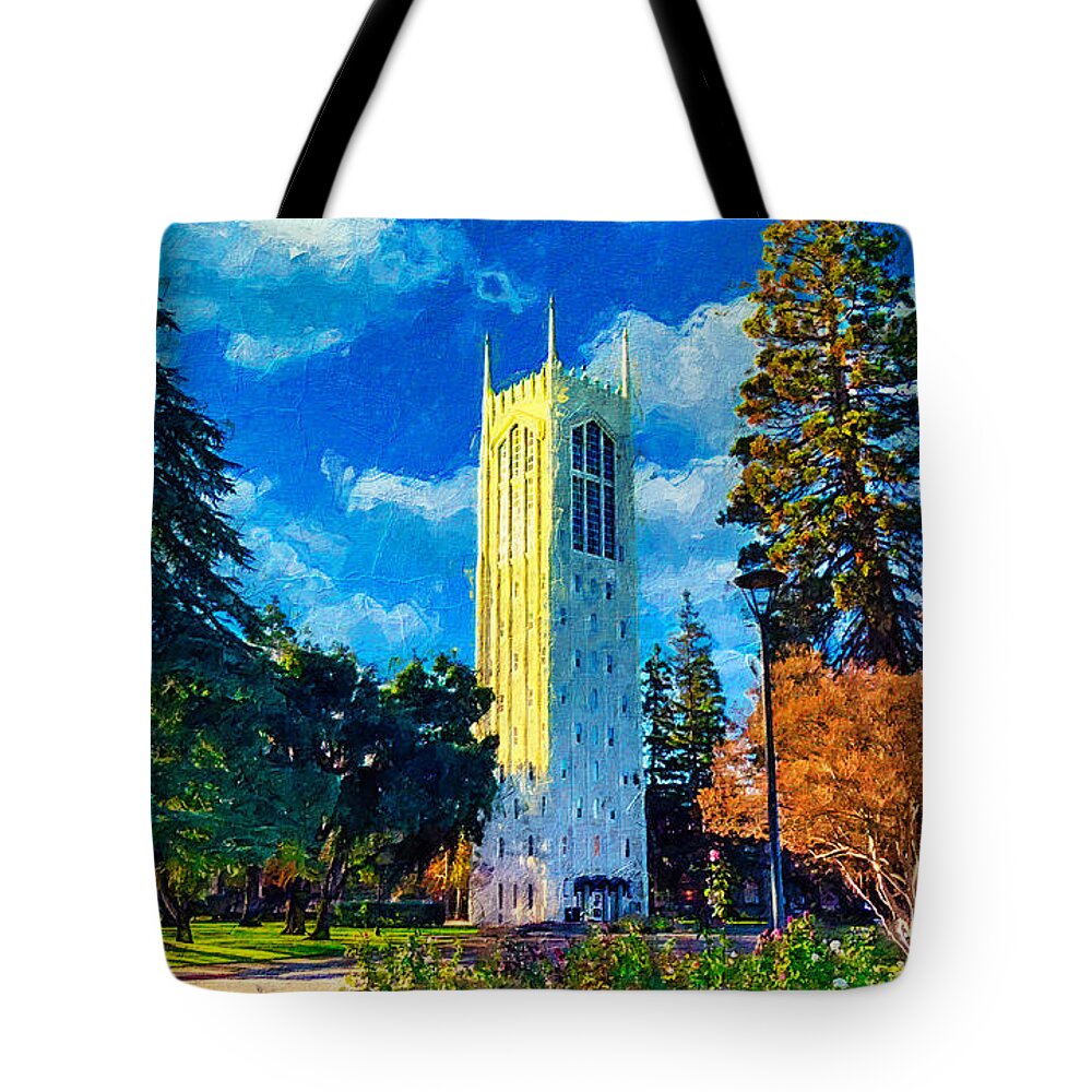Burns Tower Tote Bag featuring the digital art Burns Tower of the University of the Pacific in Stockton, California by Nicko Prints
