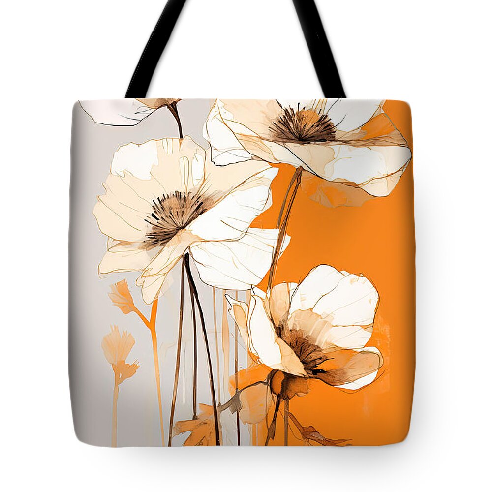 White Flowers On Burnt Orange And Turquoise Background Tote Bag featuring the painting Burnt Orange Wall Art by Lourry Legarde