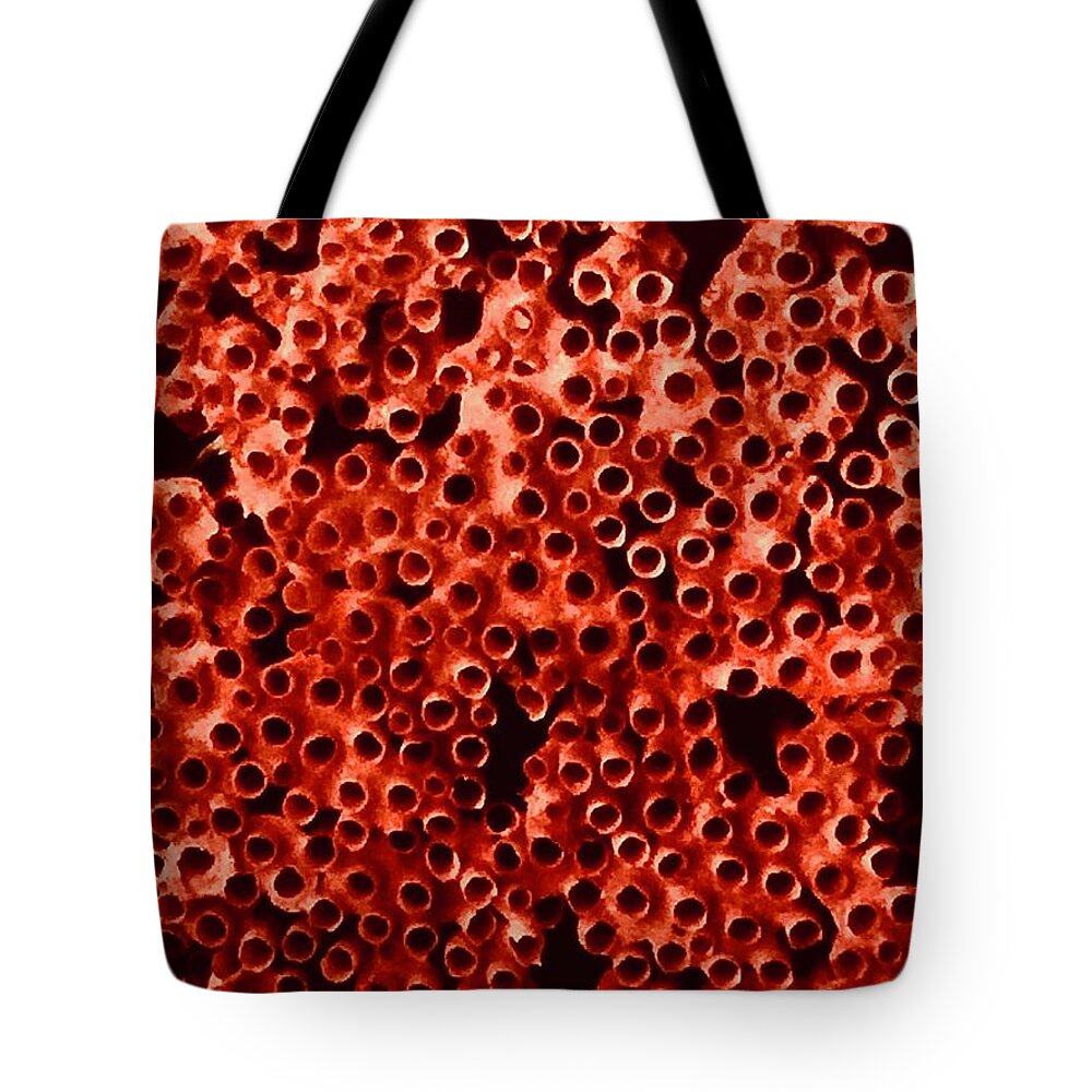Red Tote Bag featuring the photograph Burst Bubbles by Kerry Obrist