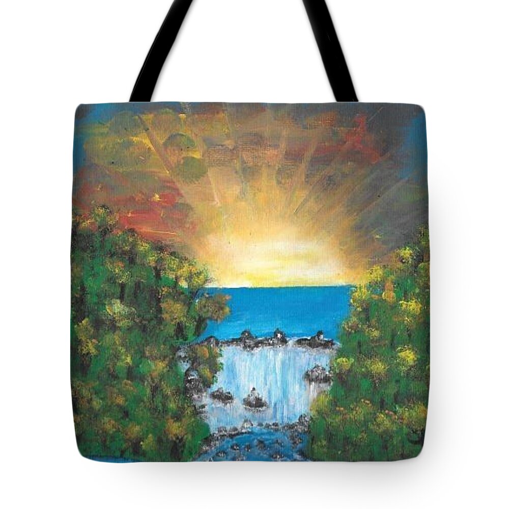 Sunrise Tote Bag featuring the painting Burst of Sunshine by Esoteric Gardens KN