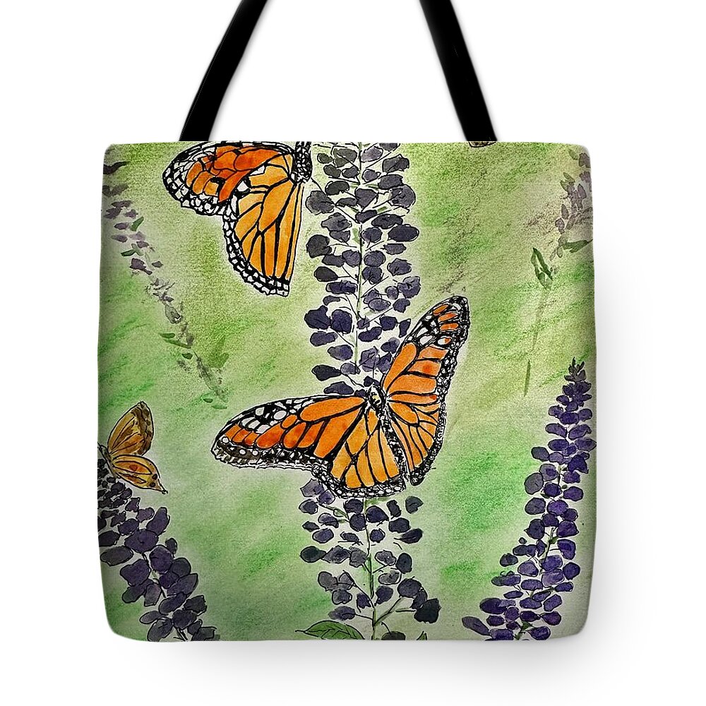 Monarch Butterfly Tote Bag featuring the painting Butterflies on the Graden Lavender by Denise Van Deroef