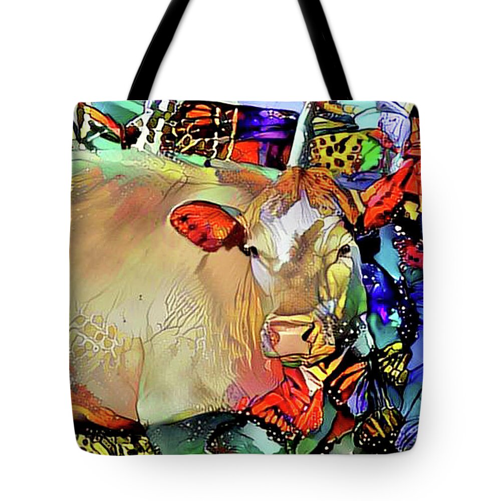 Cow Tote Bag featuring the digital art Butterfly Cow by Elaine Berger