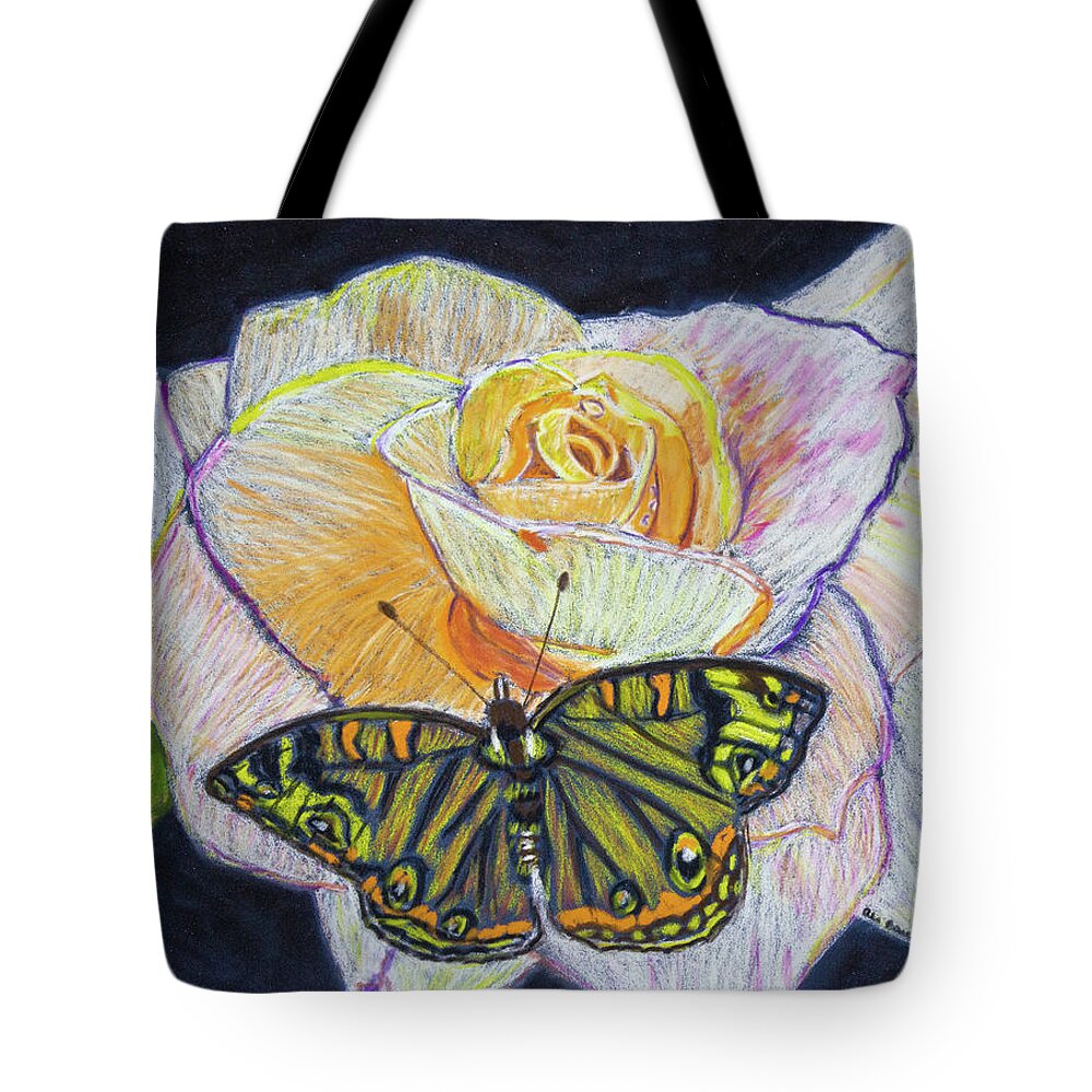 Butterfly Tote Bag featuring the drawing Butterfly on a Rose by Ali Baucom