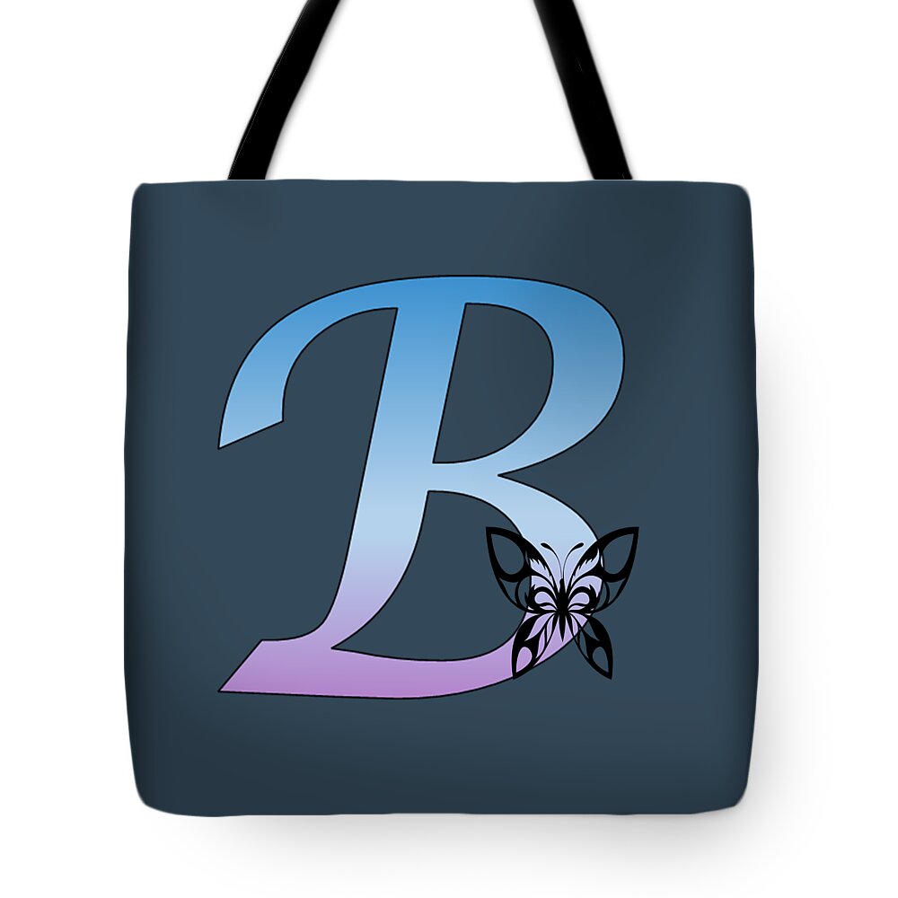 Monogram Tote Bag featuring the digital art Butterfly Silhouette on Monogram Letter B Gradient Blue Purple by Ali Baucom