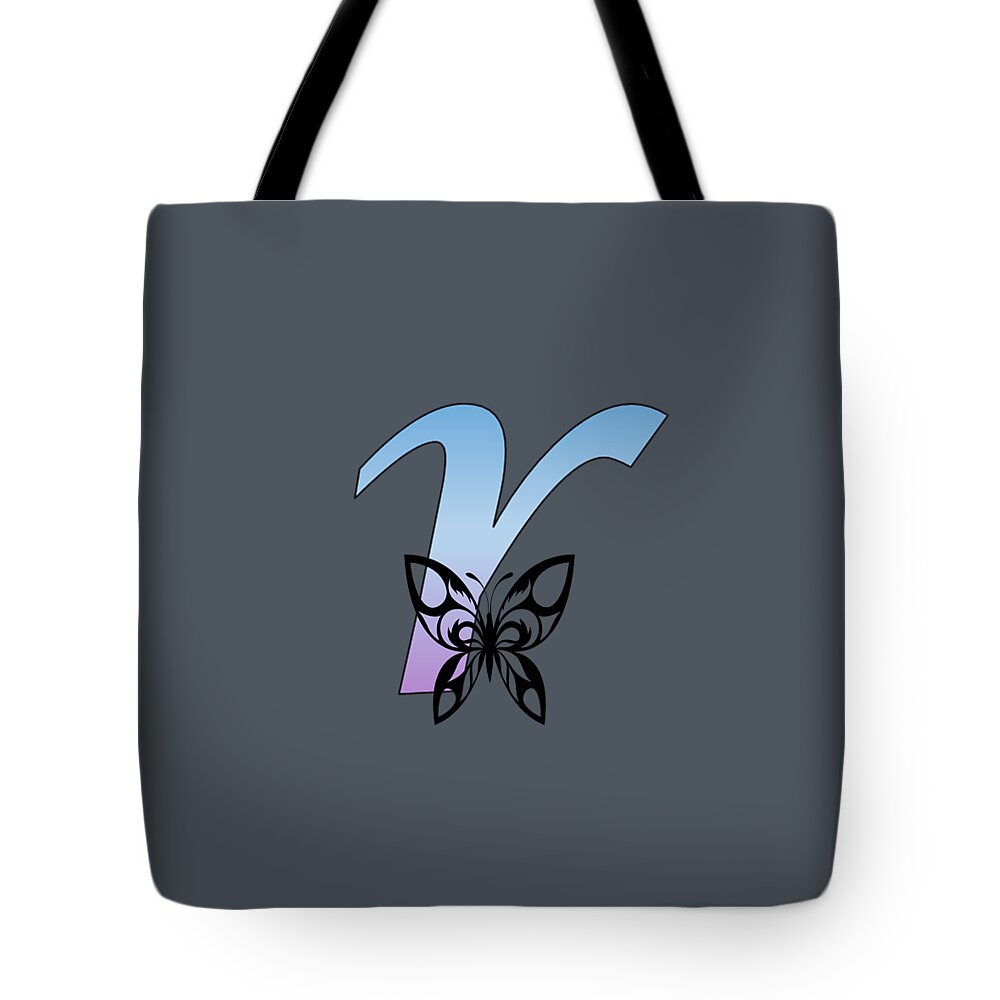 Monogram Tote Bag featuring the digital art Butterfly Silhouette on Monogram Lower Case r Gradient Blue Purple by Ali Baucom