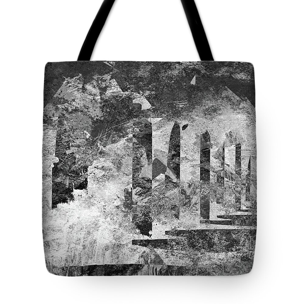 Black And White Tote Bag featuring the digital art BW Monestary by Deb Nakano
