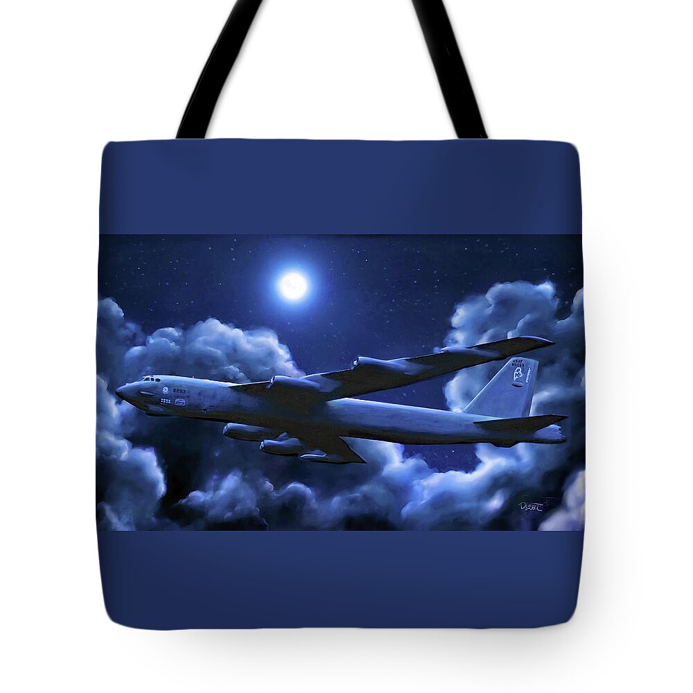 B-52 Stratofortress Bomber Tote Bag featuring the painting By The Light Of The Blue Moon by David Luebbert