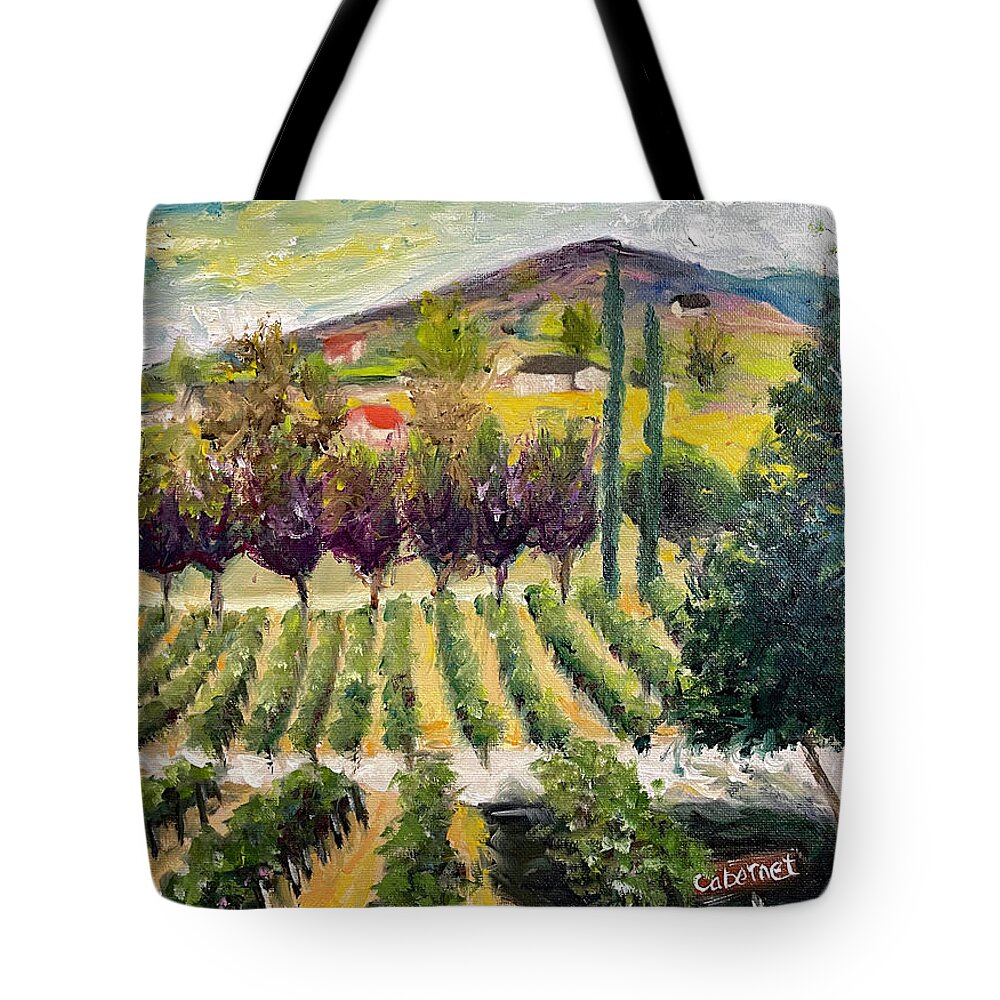 Oak Mountain Tote Bag featuring the painting Cabernet Lot at Oak Mountain Winery by Roxy Rich