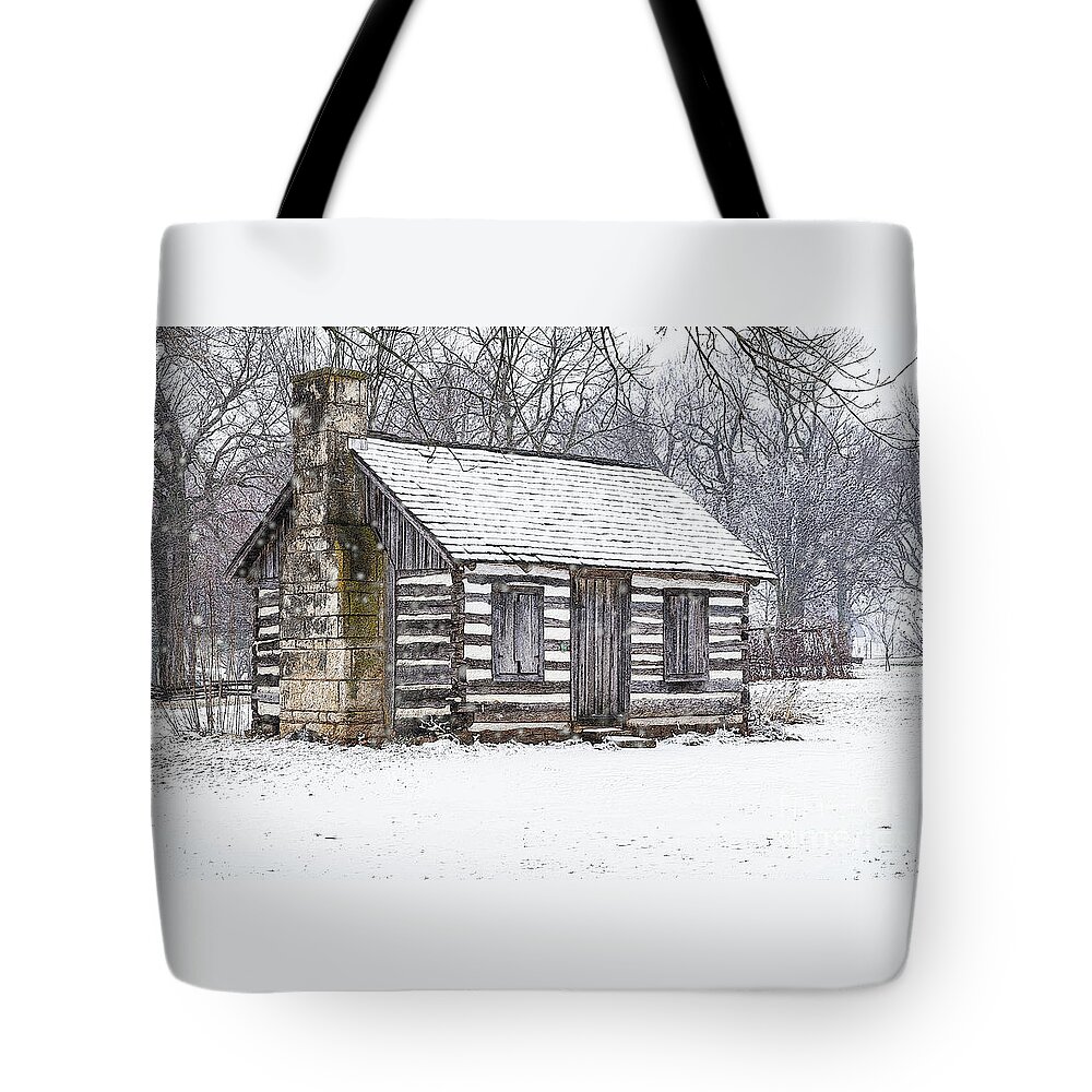 Ozarks Tote Bag featuring the mixed media Cabin In The Snow by Jennifer White